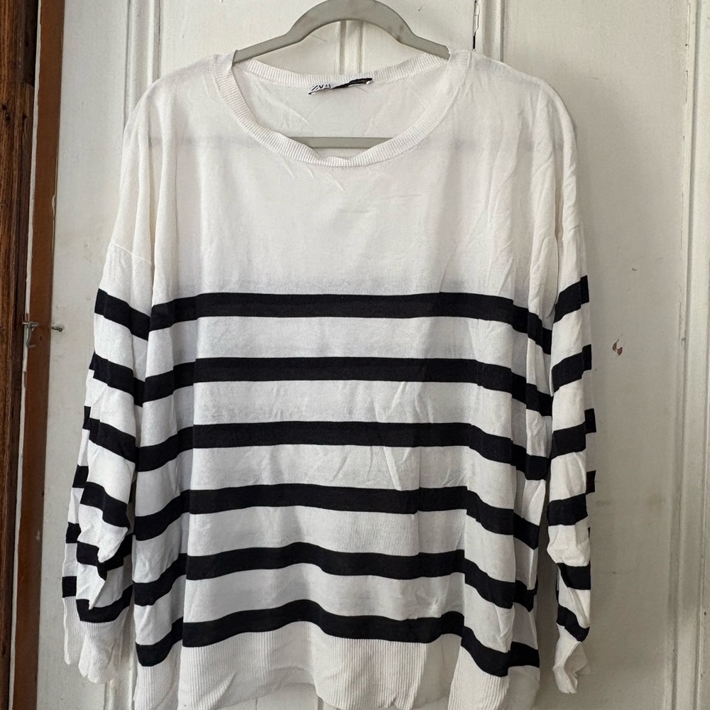 Zara Black and White Striped Crew Neck Sweater